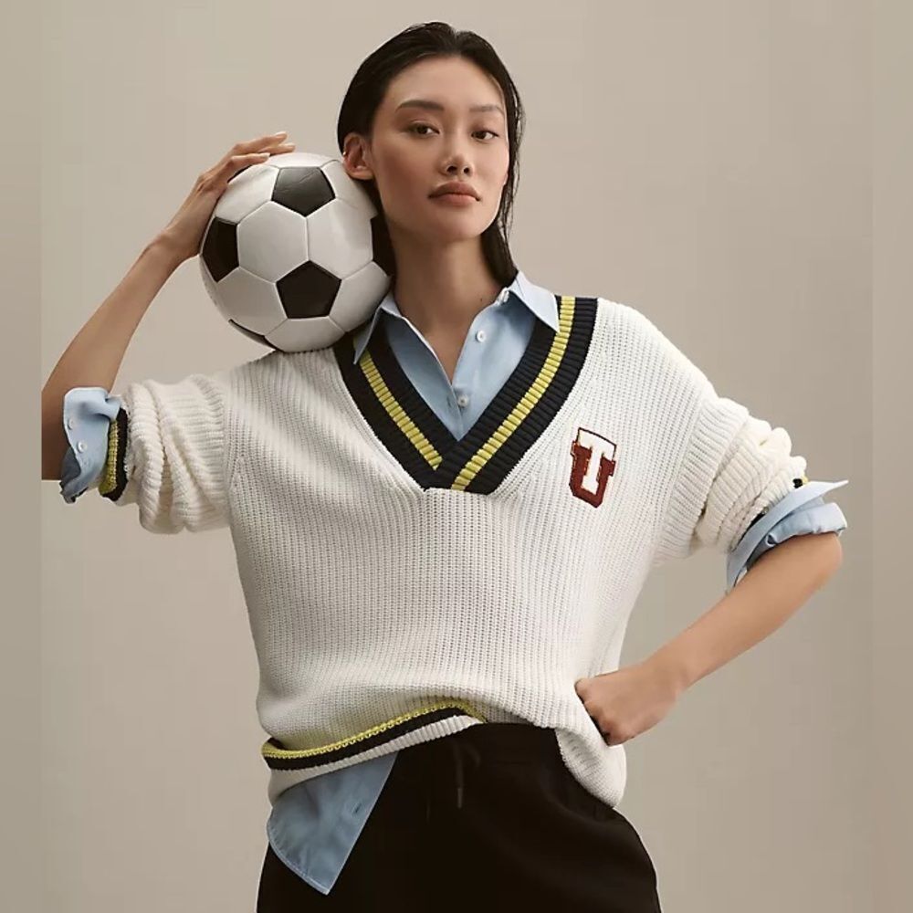 Anthropologie V-Neck Sweater with Navy and Lime Trim